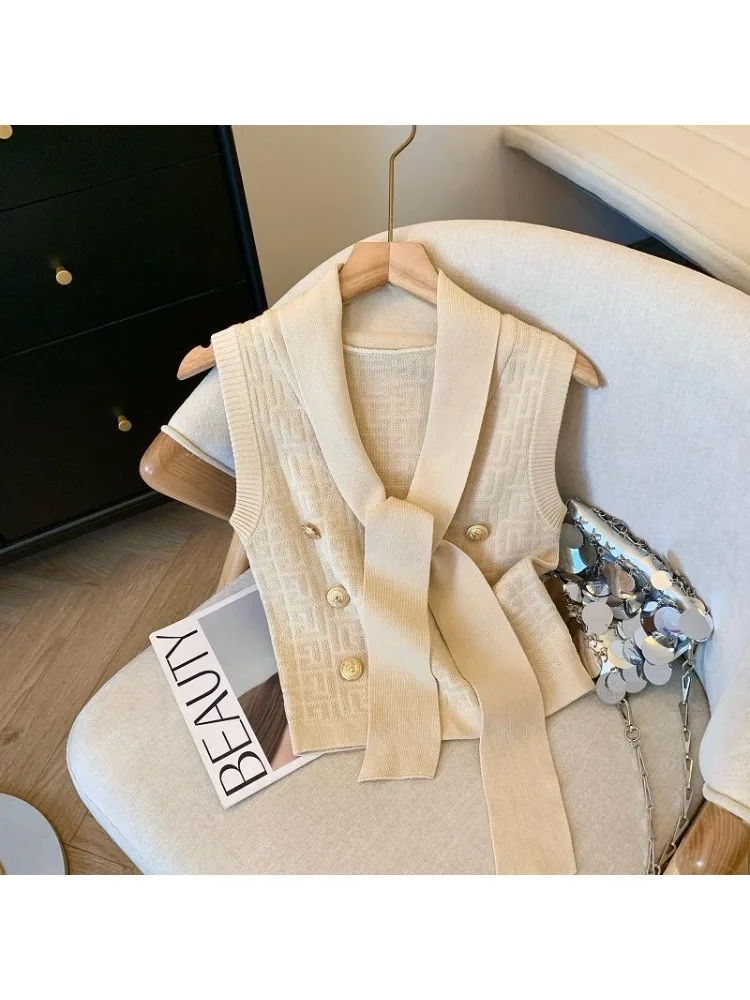 

Модная женская рубашка без рукавов с v-образным вырезом и галстуком-бабочкой, новый элегантный вязаный короткий свитер, офисный топ