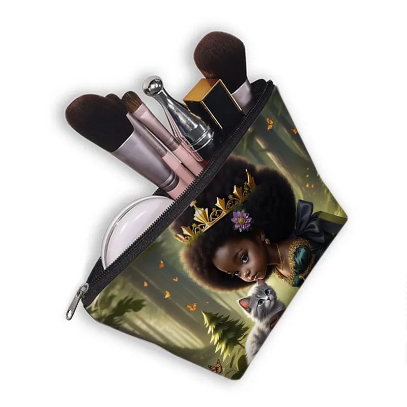 Kawaii Cat and Afro Girl Cosmetic Bag Black Women Makeup Organizer Lipstick Napkin Storage for Travel Bathroom Toiletries Bags