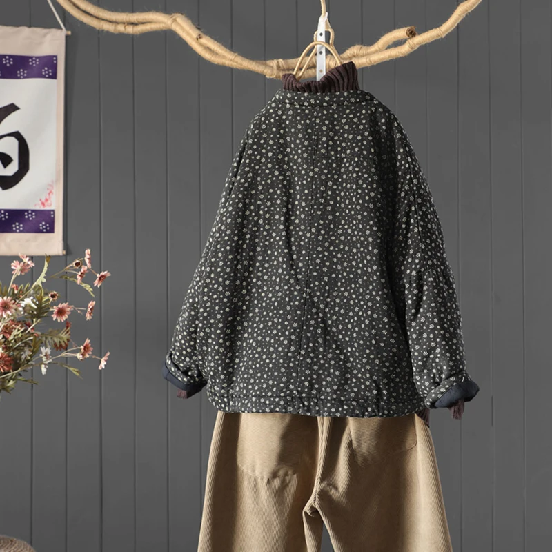 女性用 2025年秋冬 ヴィンテージ風 花柄プリント 厚手パッド入りジャケット 高品質コットンキルティングコート