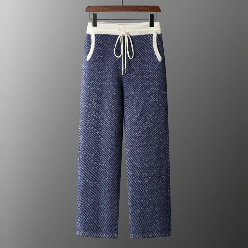 High Quality Autumn Winter Men Wool Trousers New Style Jacquard Drawstring Straight Cashmere Pants Man 100% Merino Wool Trousers