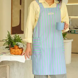 Summer New Thin No-tie Waterproof Kitchen Apron Breathable Oilproof Cross-back Polyester Cooking Wear Waiter Stripe Smock Aprons