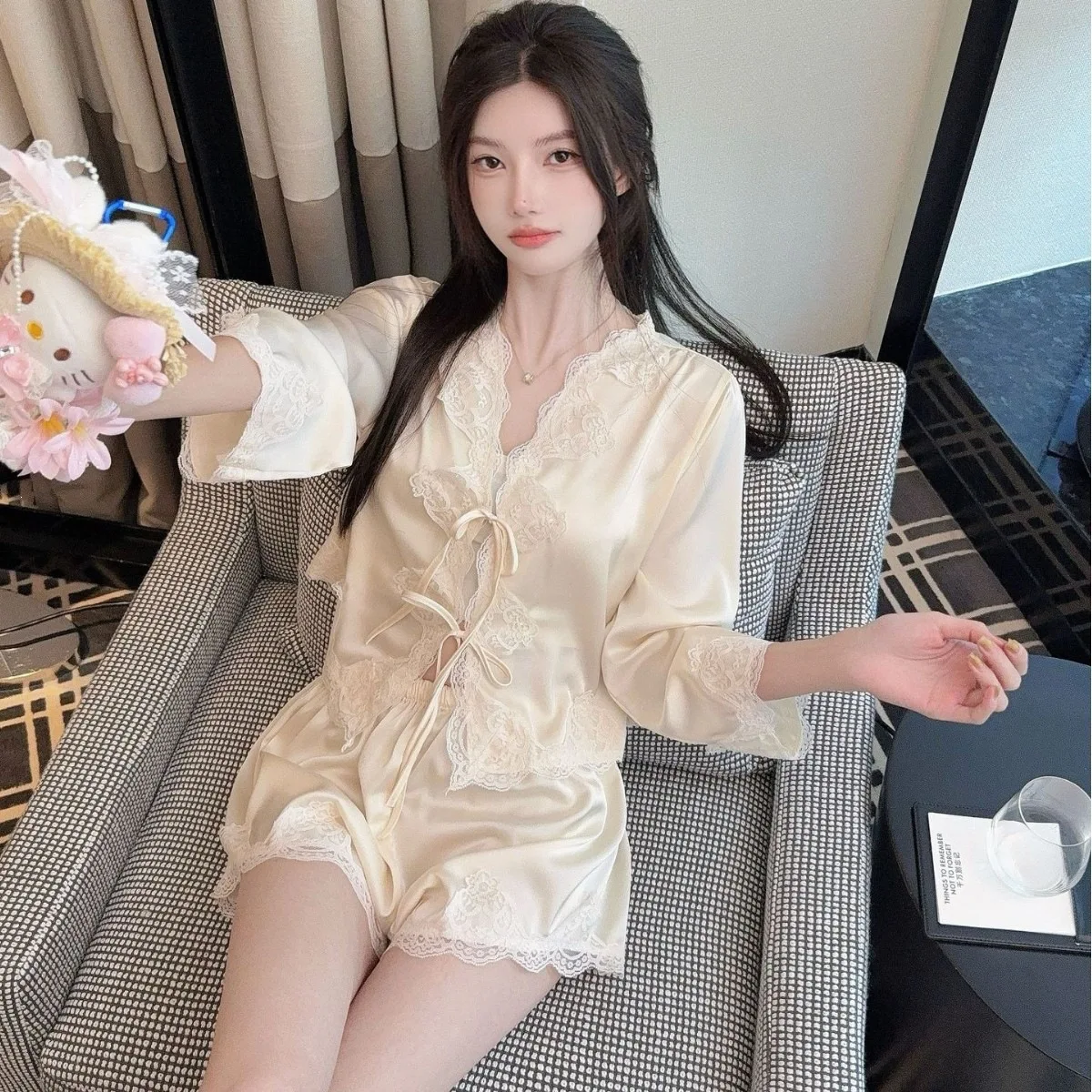 Ice silk sleepwear women's summer lace new silk simulation silk French pure desire style home clothes  worn as an outerwear set