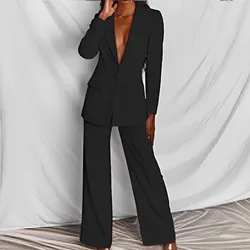 Spring Elegant Solid Long Sleeve Blazer Suit and Pants Two 2 Piece Set for Women Autumn Classic OL Street Outfit