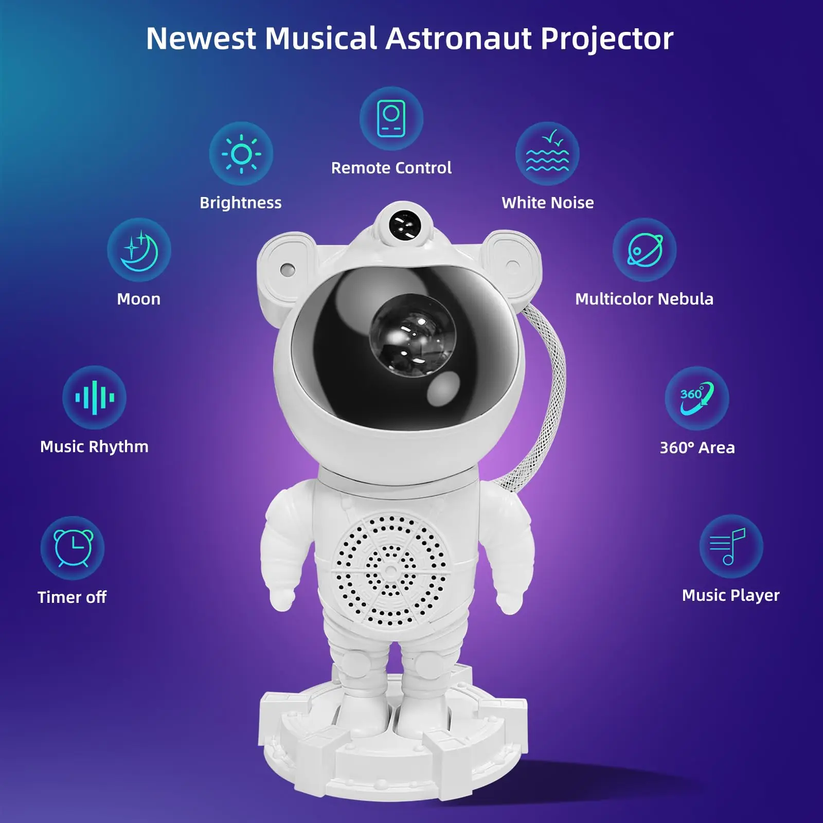 Projetor Galaxy Astronauta, alto-falante de música, ruído branco para dormir, mudança de cor ajustável 360 ° com controle remoto e temporizador para