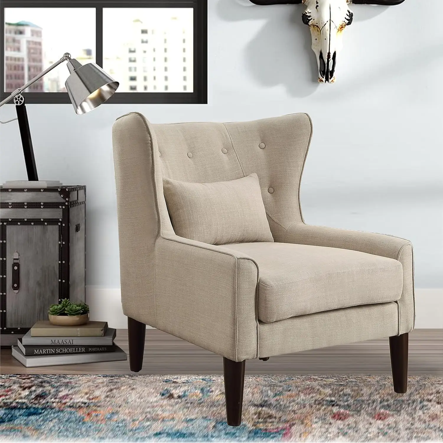 Wingback Accent Chair with Footrest, Small Upholstered Armchair for Living Room & Bedroom, Beige, Customized