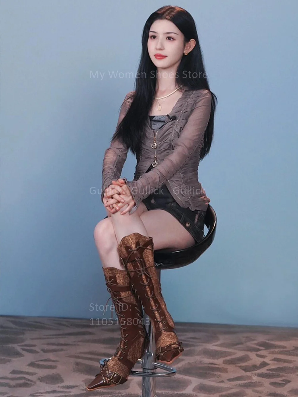 Wedges Pointy Toe Patchwork Knee High Boots Lace Up Zipper Buckle Strap Runway 2026 Winter Autumn Women Dress Shoes Handmade view 6