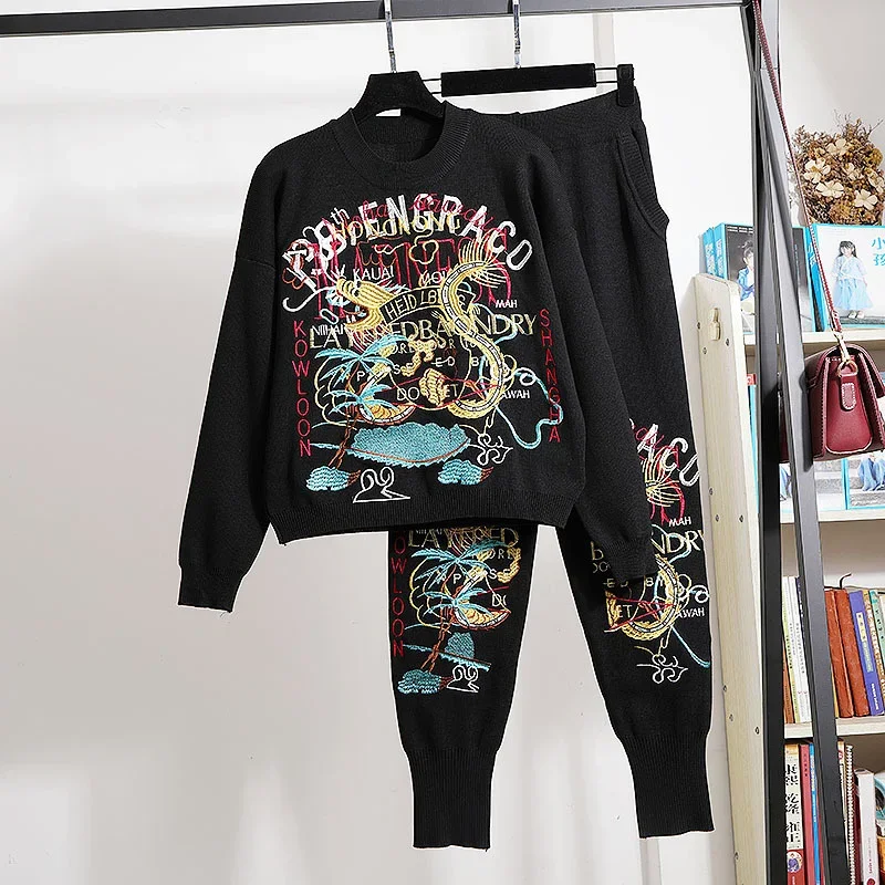 Fashion Black Knitted Tracksuits Two Piece Outfits Women 2pc Loose Embroidery Cartoons Sweater Long Pants Set Female Streetwear