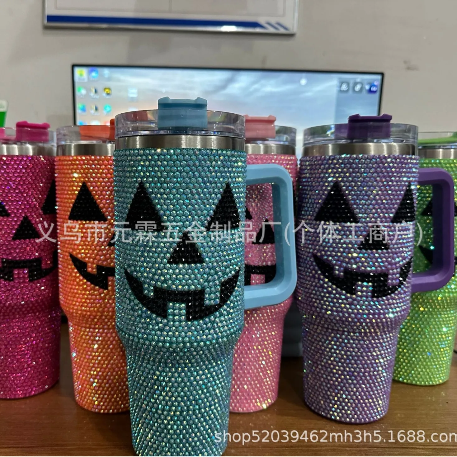 Halloween New 40oz Insulated Cup with Rhinestones - Pumpkin Design, Bling Rhinestone Handle Travel Mug for Cars