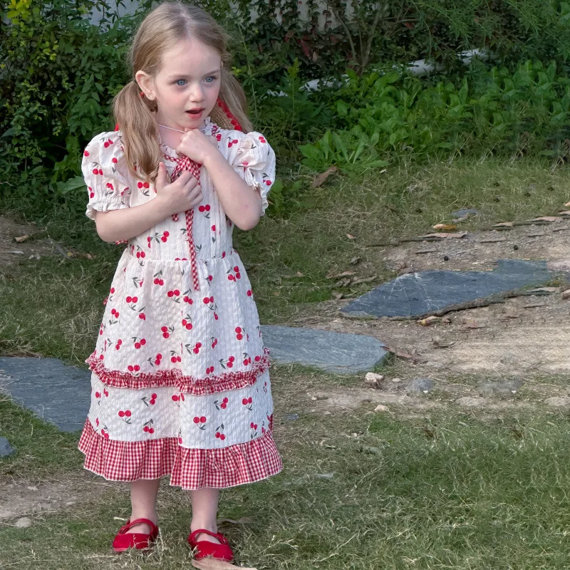 

Летнее платье для девочек 2-7 лет, милое детское платье с вишневым принтом и рукавами-пузырьками, модные детские длинные платья