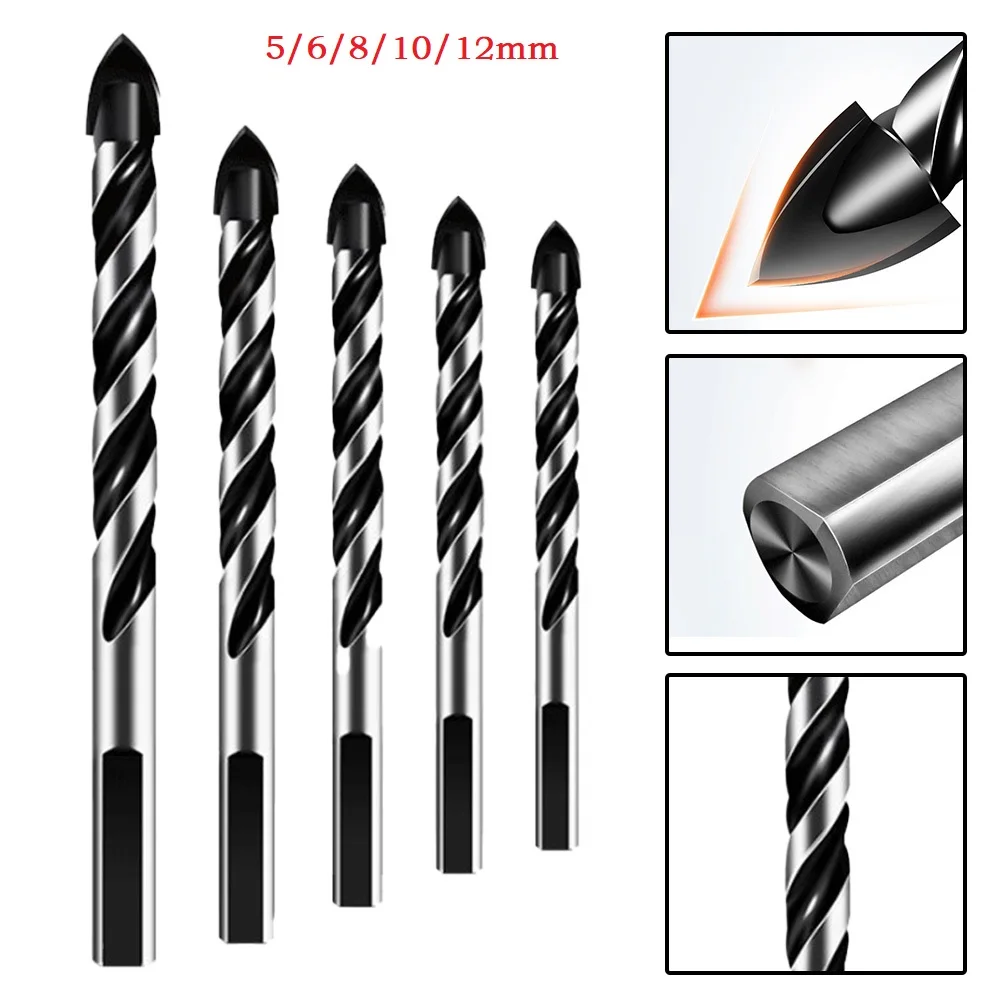 유리 드릴 비트 삼각형 드릴 비트, 시멘트 카바이드 드릴 비트, 전기 드릴 교체, 5mm, 6mm, 8mm, 10mm, 12mm, 1 세트