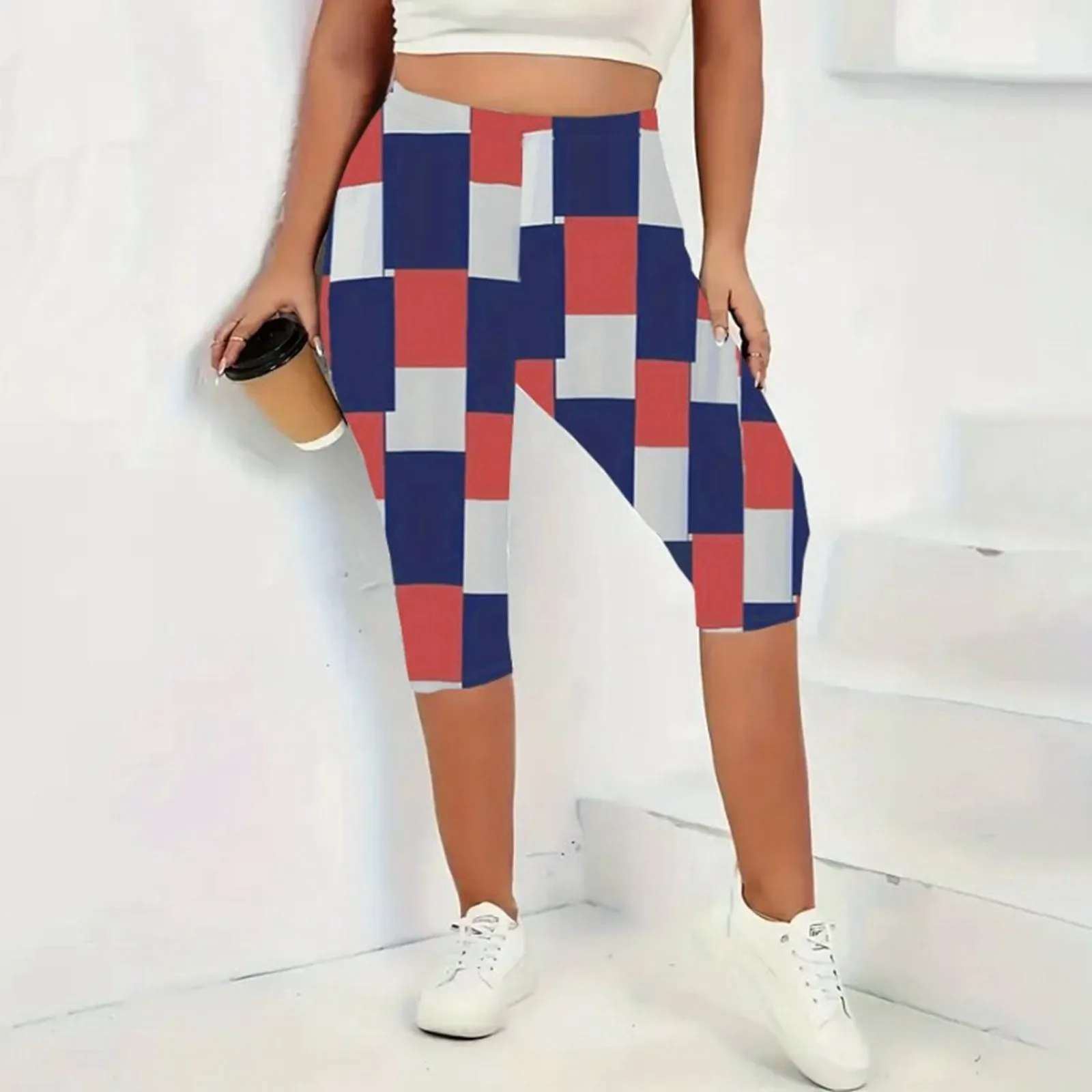 

Summer Casual Plaid Printed Harem Cropped Pants Women Loose High Waist Elastic Ankle-length Pants Solid Lady Pocket Trousers