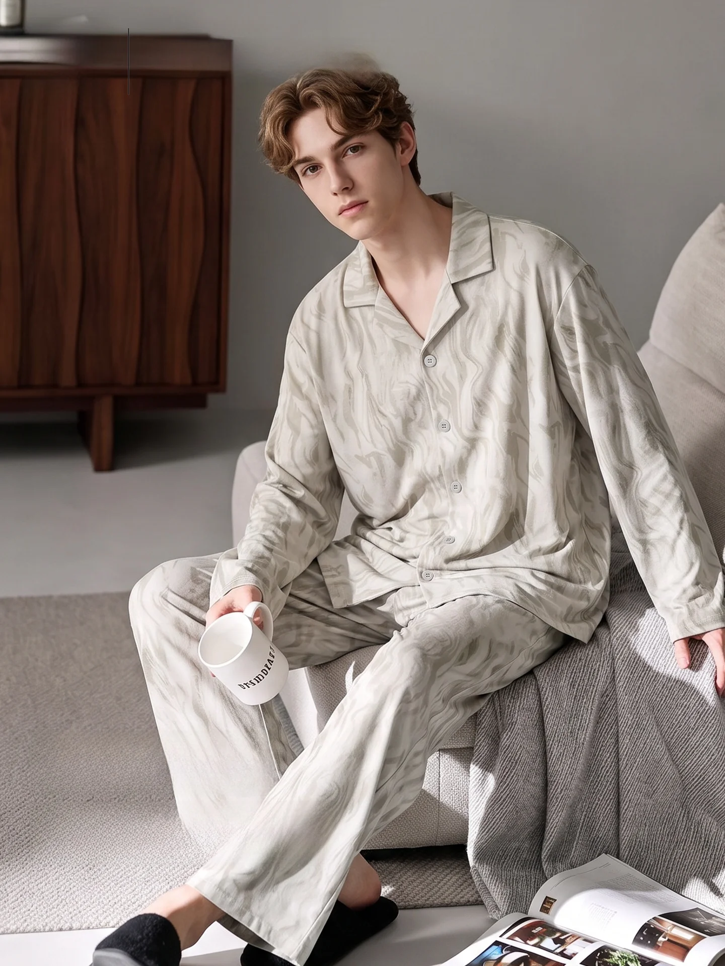 Pure Cotton Sleepwear Men's Long Sleeve Long Pants Home Clothes Set Can Be Worn outside Catman 2026 New Style Spring Autumn