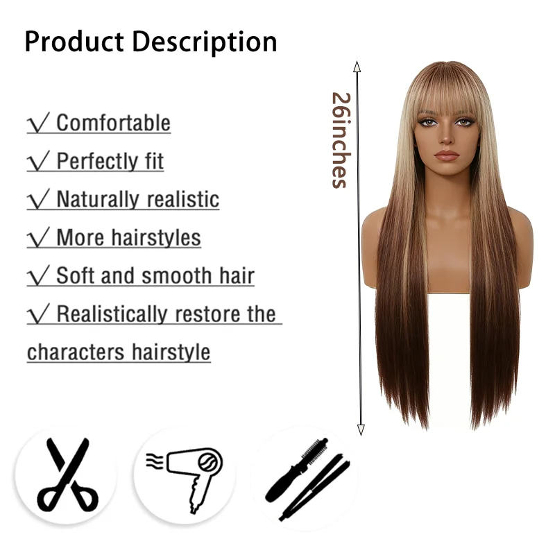 Long Straight Brown Blonde Balayage Ombre Wig For Women Air Bangs Pre Styled Fluffy Heat Resistant Synthetic Wig For Party Cos