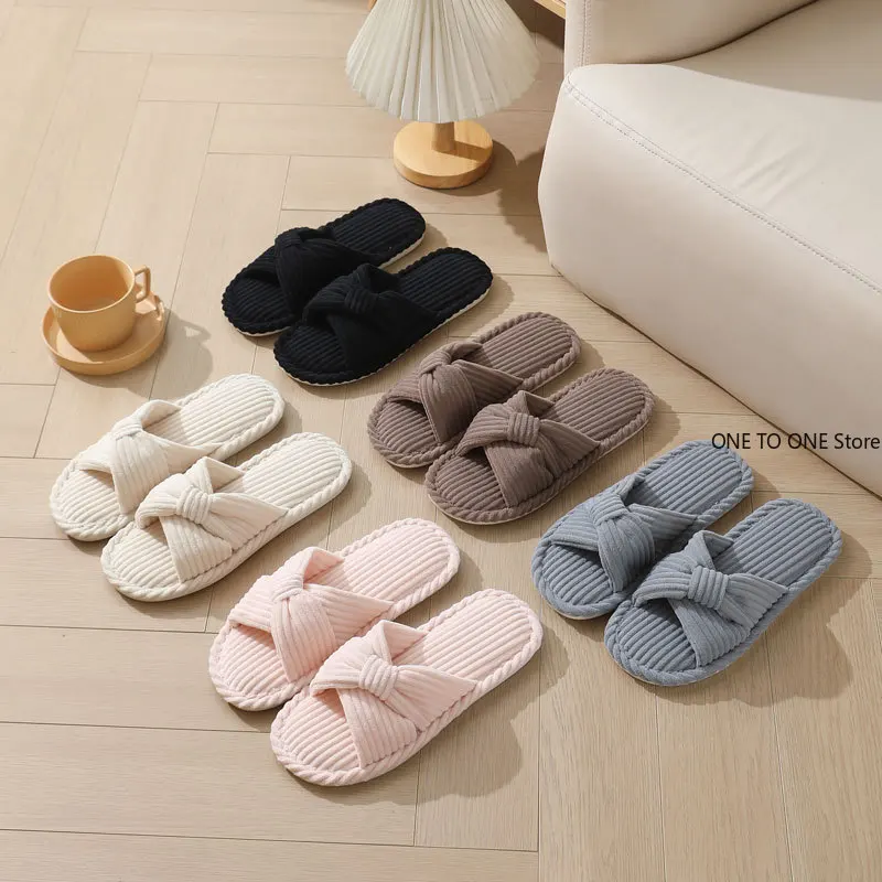

Women's Corduroy Bow Living Room Shoes Slippers Home Soft Casual Autumn Winter Silent Light EVA Anti Slip Herringbone Slippers