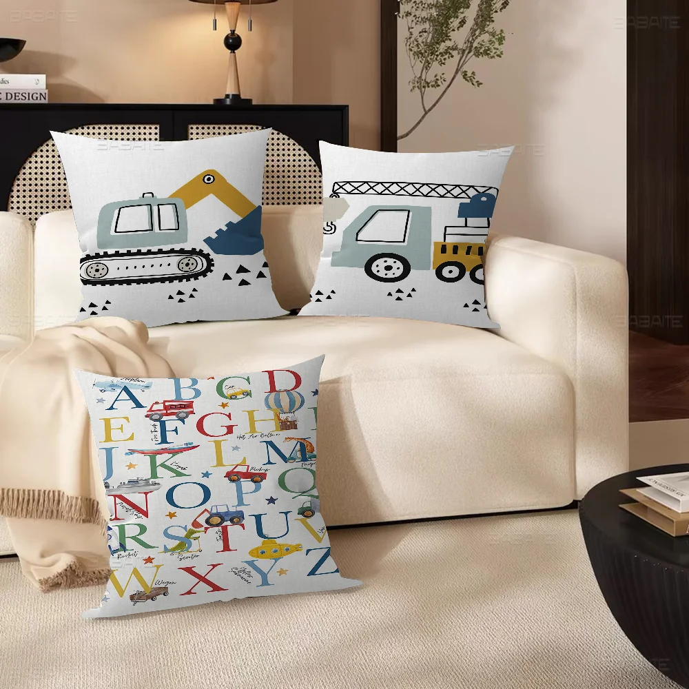 Cartoon Crane Excavator Tractor Truck Pillow Gift Home Office Decoration Bedroom Sofa Car Cushion Cover Case 45x45