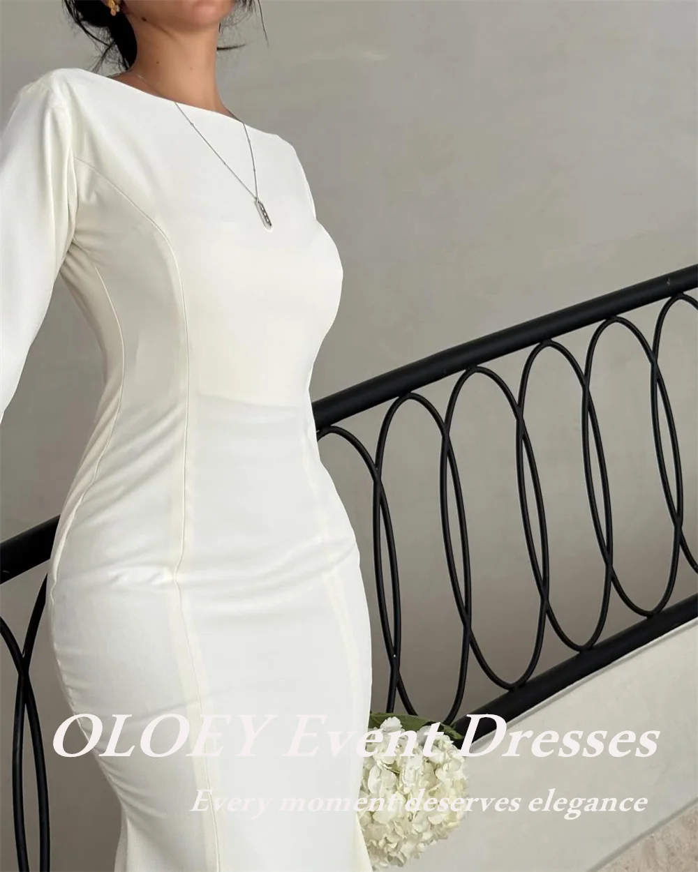 OLOEY 控えめなマーメイドのウェディングドレス長袖ストレッチブライダルドレスフロアレングスボートネックカスタマイズ فساتين زفاف