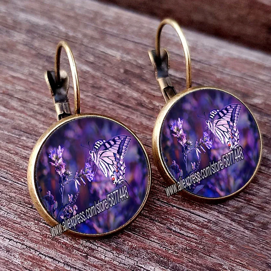 New Arrival Lavender Flower Women Stud Earring  Purple Flower Glass Cabochon Womens Earrings