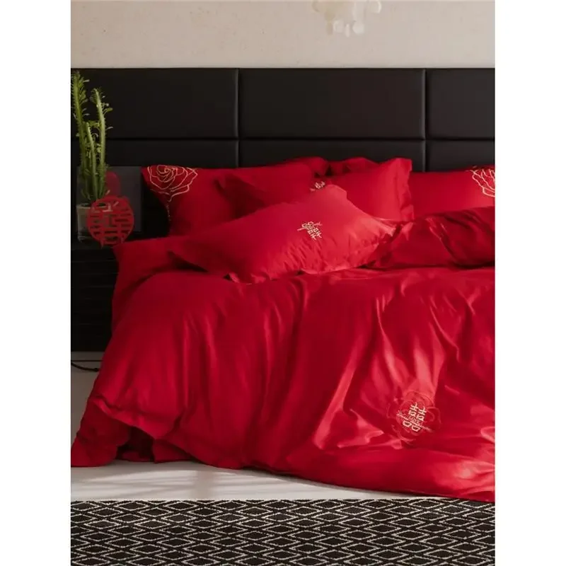 Wedding 100 pieces of satin on the bed set, big red wedding duvet set, bed sheet set, happy wedding dowry