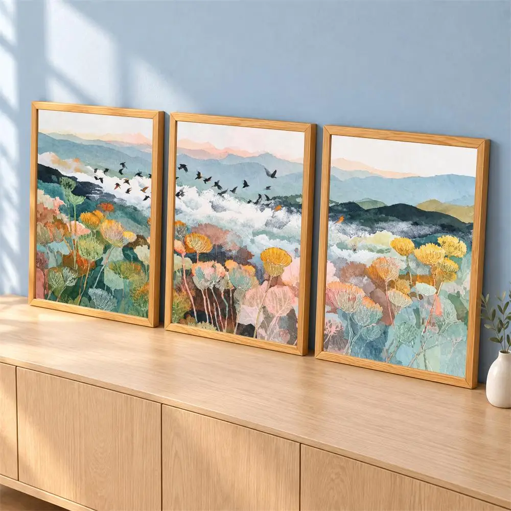 Coastal Seaside Village Landscape Painting Calligraphy 3 Pces Canvas Poster Set Wall Art for Bedroom Living Room Home Decor Gift