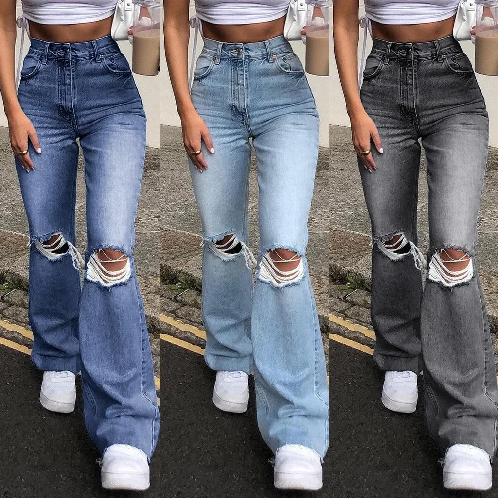 

Denim Pants Women Jeans Flare Pant Hole High Waist Hip Wrap Sexy Straight Trousers Elegant Splice Slim Fit Autumn Winter