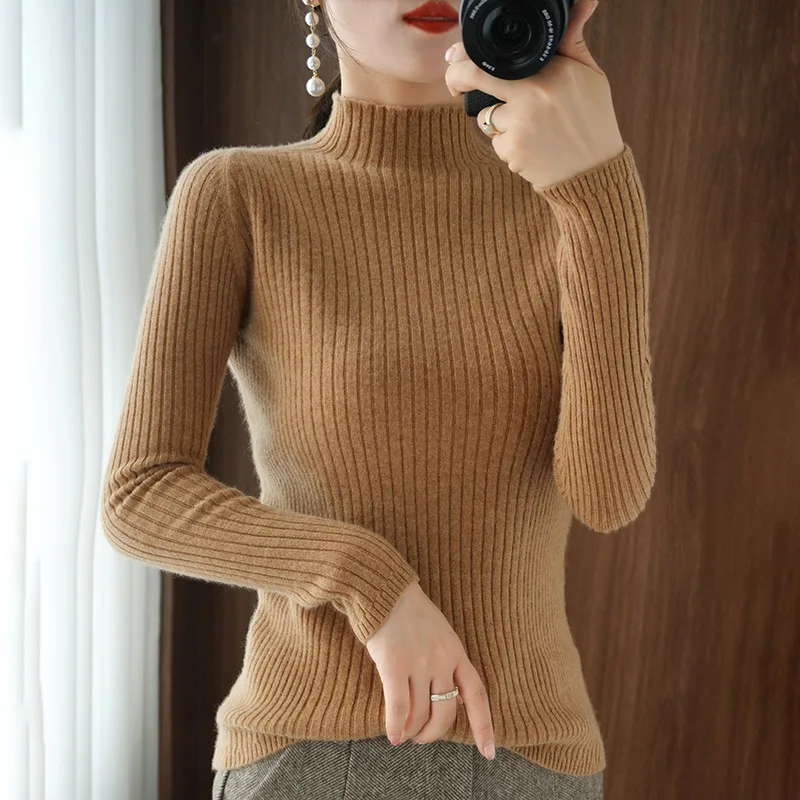 Half Turtleneck Sweater Women Autumn Winter Elegant Solid Color Stretch Slimming Pullovers Thicken Warm Soft Comfortable Jumpers