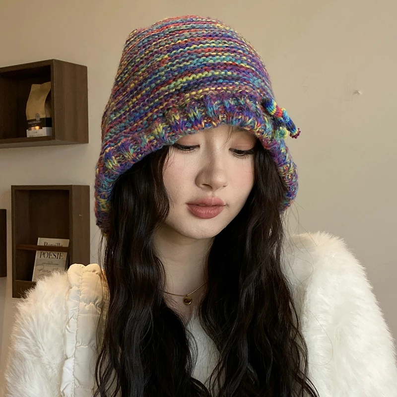 Winter Fisherman Hat Women Windproof Hooded Hat Skullies Colorful Knitted Drawstring Balaclava Outdoor Warm Hat Beanie Cap