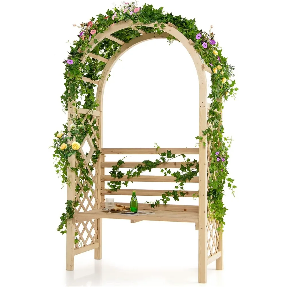 81in Garden Arch with 2-Person Bench, Wooden Garden Arbor Archway Trellis for Climbing Plants, Outdoor Wedding Arches