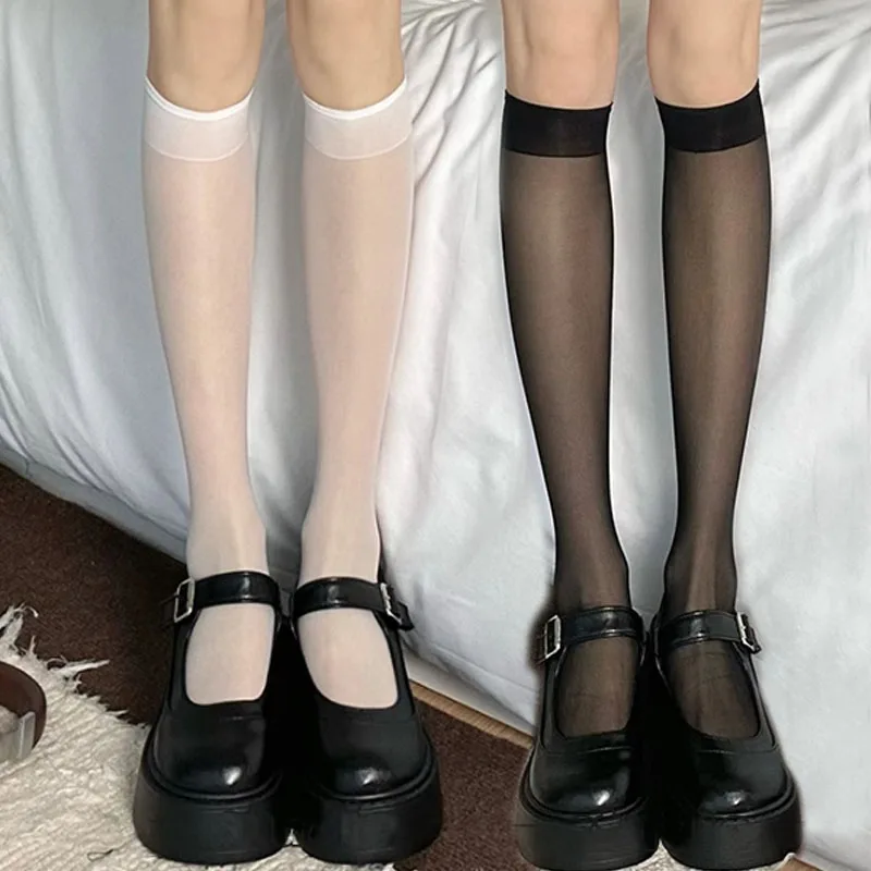 1/2 paia di calzini di seta Lolita calzini JK al ginocchio per donne ragazze trasparenti bianchi neri calzino lungo calze ultrasottili in nylon estivo