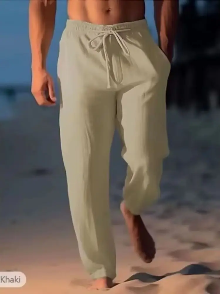 2025 New Men's Beach Pants Joggers Streetwear Cotton Linen Sweatpants Casual Pants Hawaiian Vacation Loose Summer Long