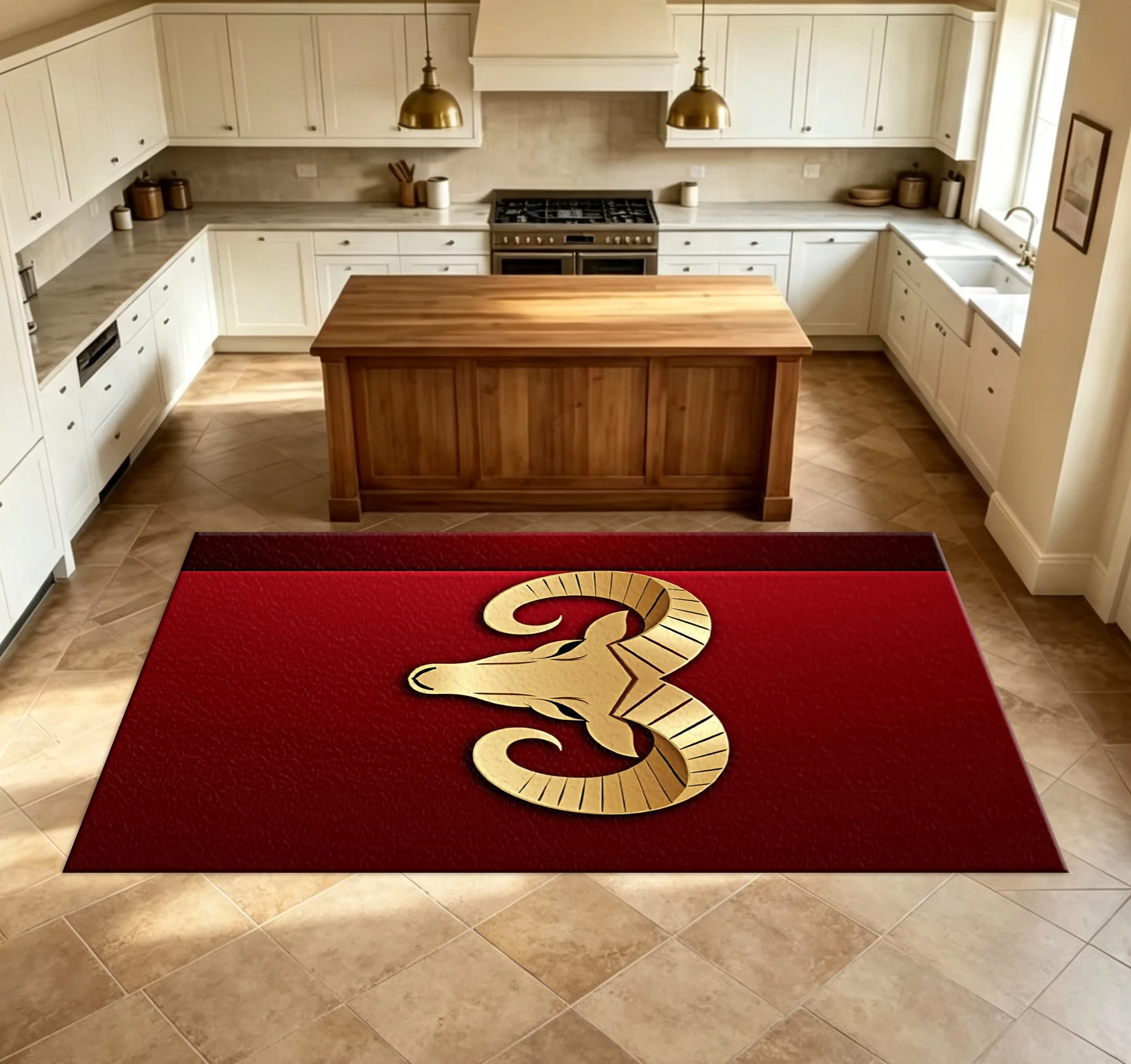 Aries Zodiac Symbol Carpet Floor Decoration Luxurious Golden Goat Head Art Pattern Red Background Floor Carpet Suitable for Home Room Decoration