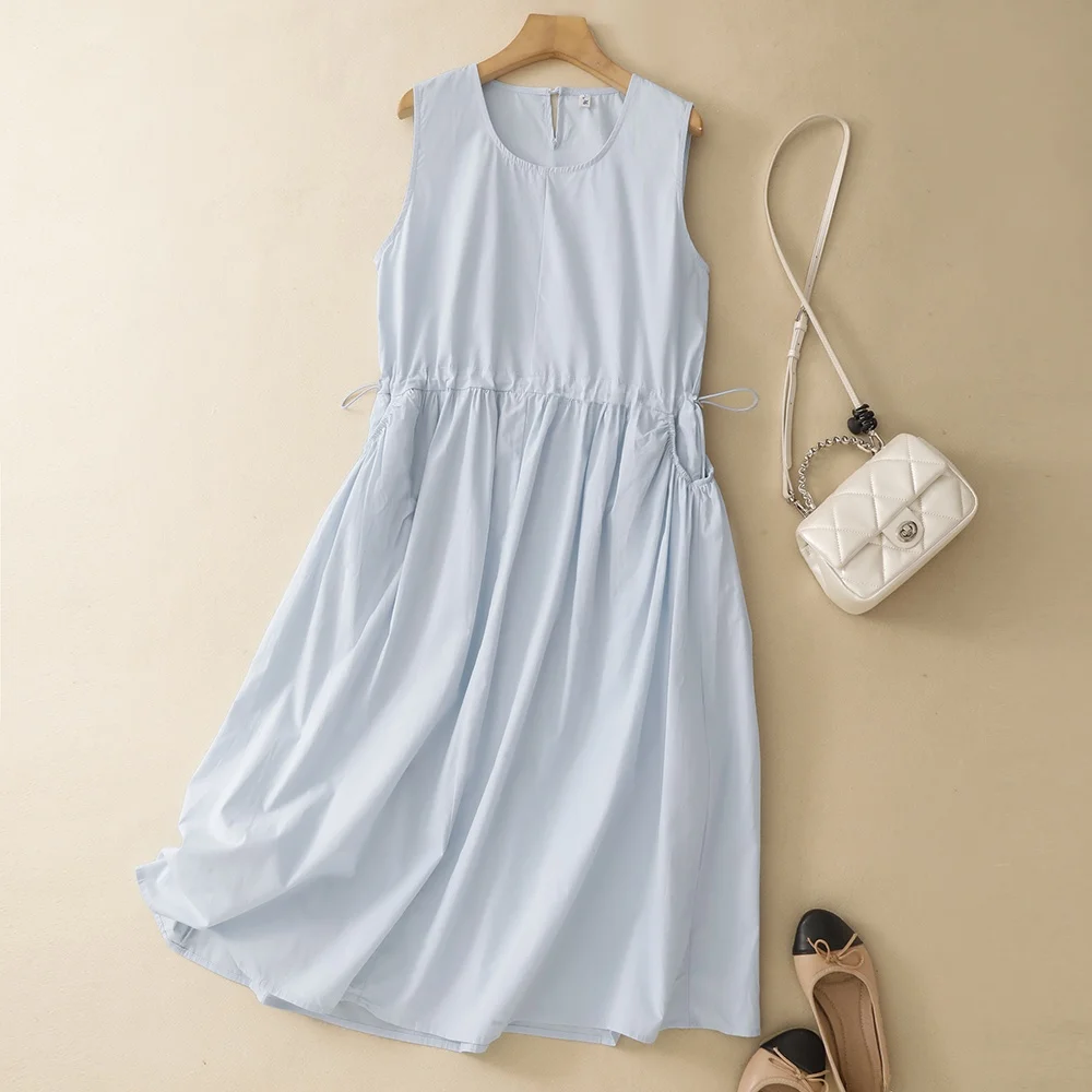 Summer New Style Women's Loose Dress Drawstring Waist Sleeveless Vest Pure Color Casual Design High Waist Cotton Blend