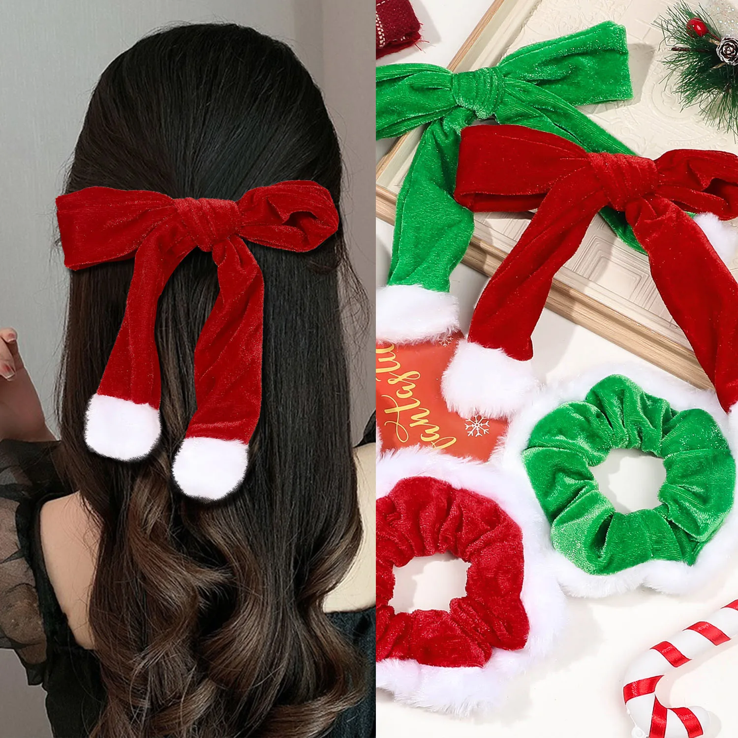 2025 NEW Red Christmas Velvet Hair Clip Women Bow Spring Clip with Slide Metal Hair Clips Ponytail Holders For Hair Accessories