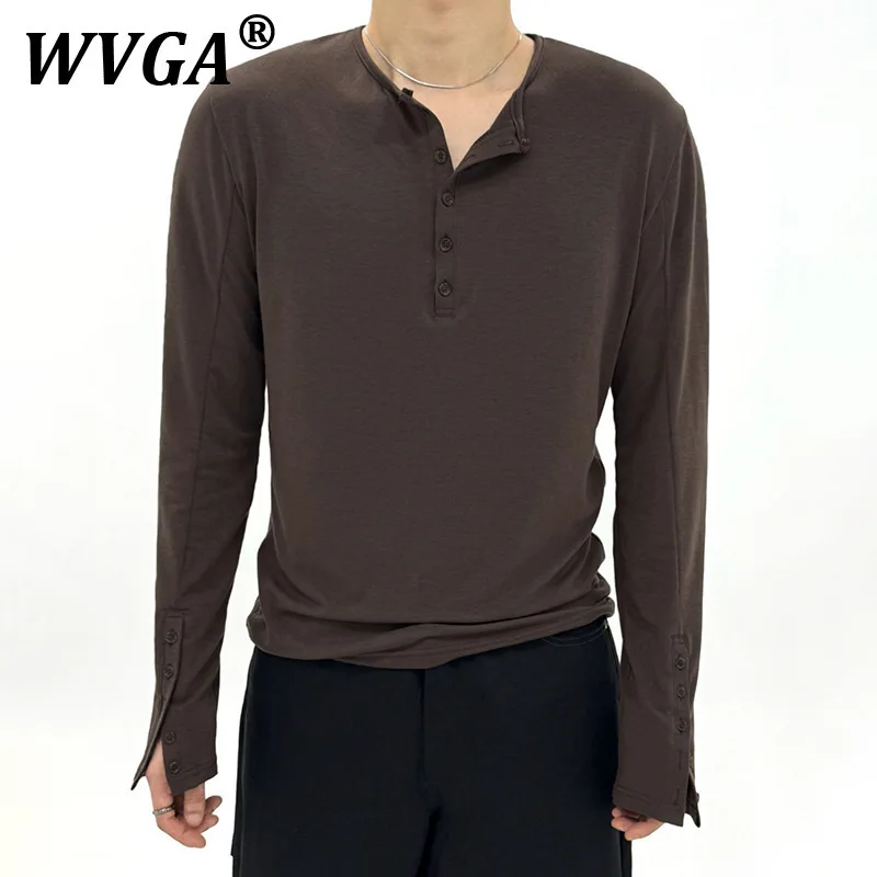 

WVGA Tops Autumn Winter New Men's Tide High Street O-Neck Trendy Design Niche Chic Casual Long Sleeve Button T-shirts Ins W11471