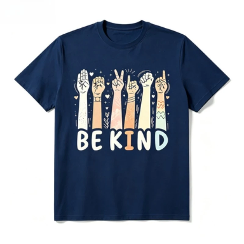 Men's Be Kind Positive Sign Language Graphic Short Sleeve T-Shirt, Vibrant Multicolor Hands Print Casual Summer Tee