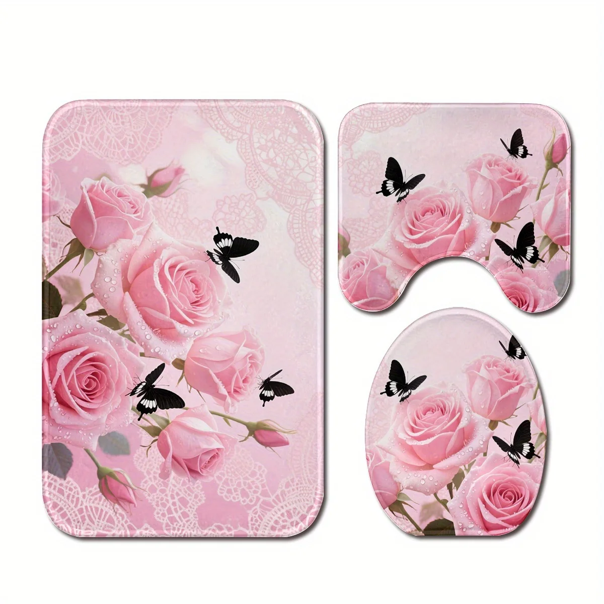 Pink Rose & Butterfly Bathroom Mat Set – 3-Piece Non-Slip Flannel, Soft Absorbent with Toilet Cover & U-Shaped Rug