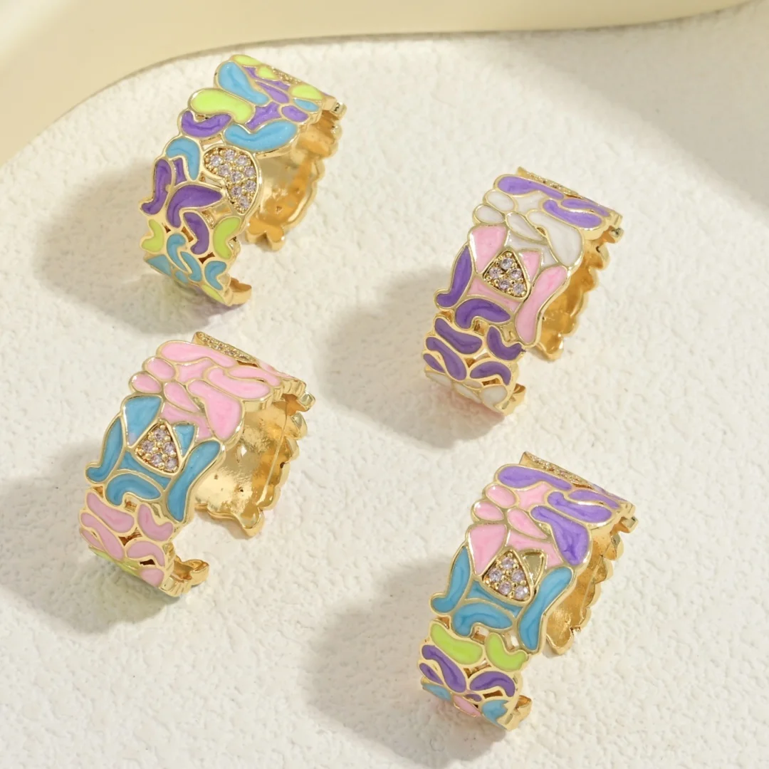 Colorful Enamel Open Cuff Ring, Gold Plated Abstract Mosaic Pattern Ring with Micro Pave CZ, Trendy Art Ring for Women：VJ998