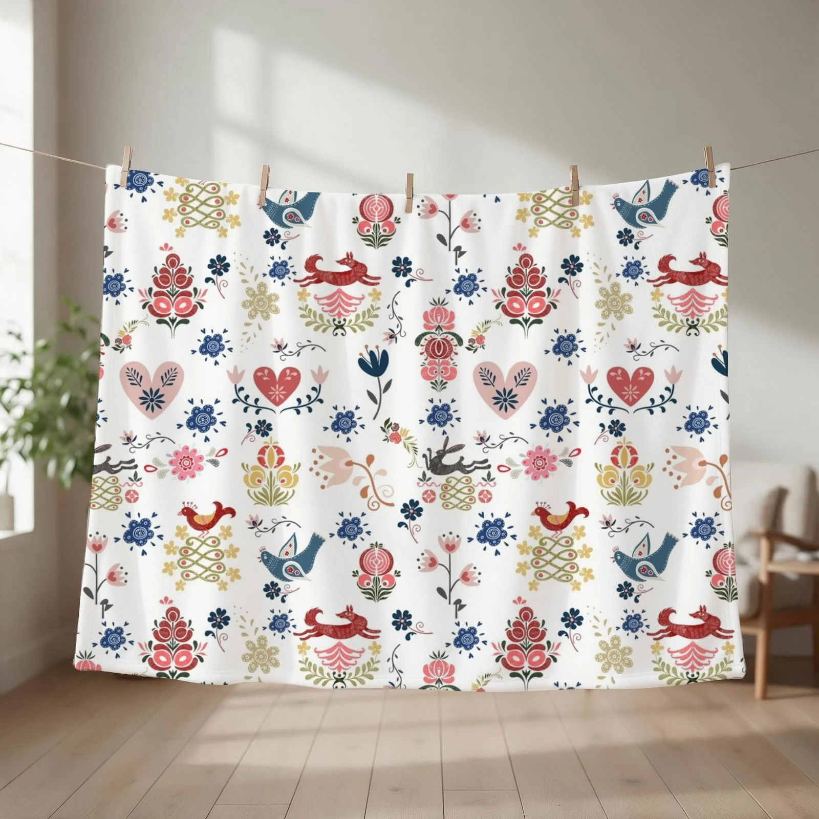 Swedish Scandinavian Norwegian Folk Art Pattern Throw Blanket couch cozy soft plush fuzzy picnic outdoor blanket