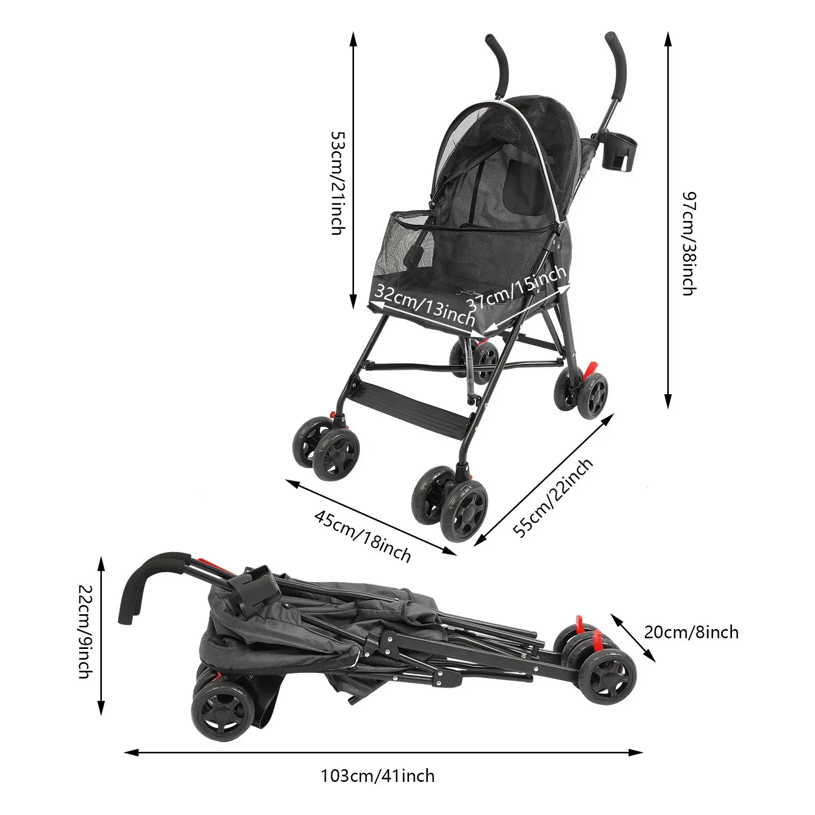 Foldable All-Weather Pet Dog Stroller with Rain Canopy & Cup Holder, 4-Wheel Compact Design with Rear Pocket, Gray
