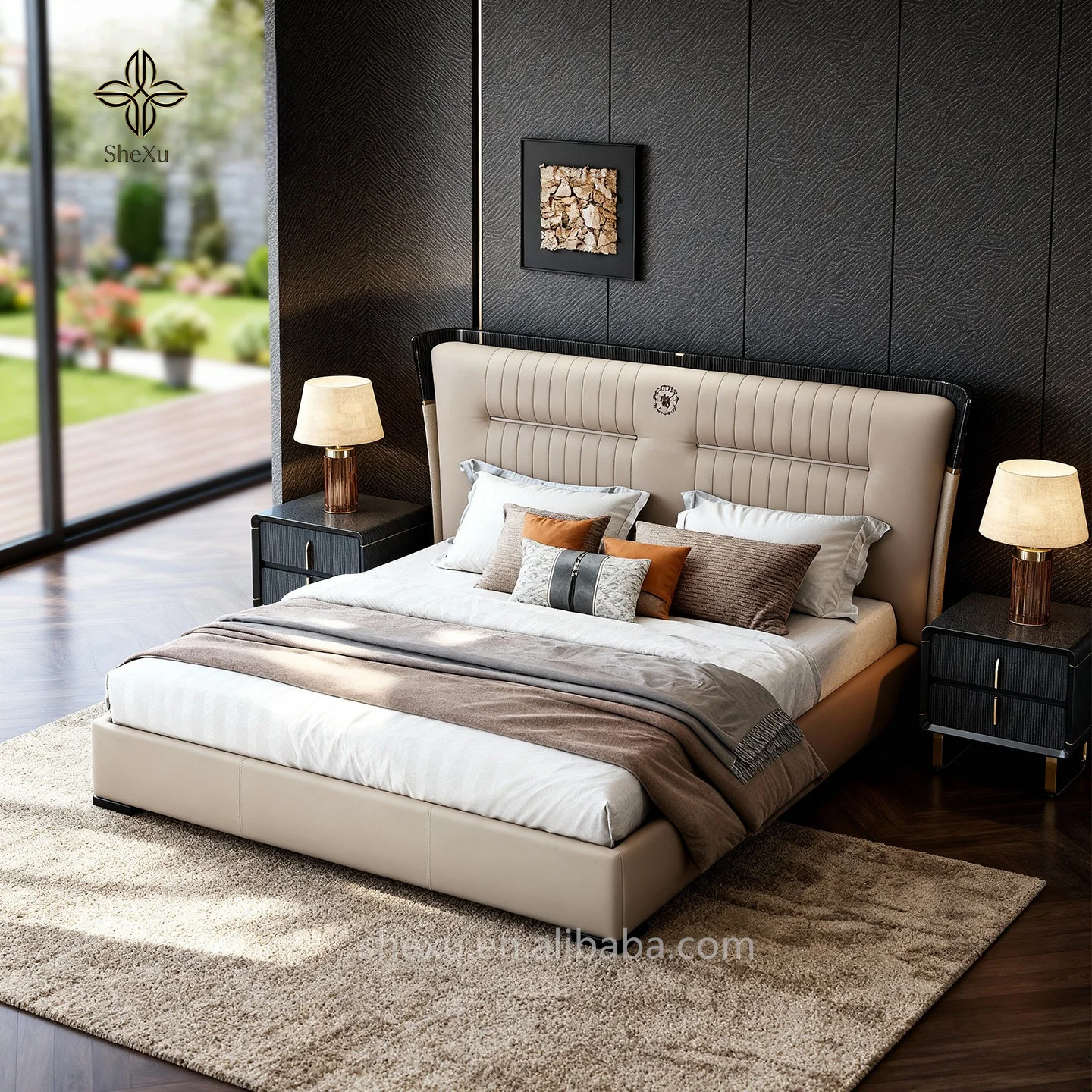 *Luxury White Leather king Bed Complete Set of Home Furnishings, Modern Soft Cushions, High-end Villa Beds, Bedroom Furniture Se