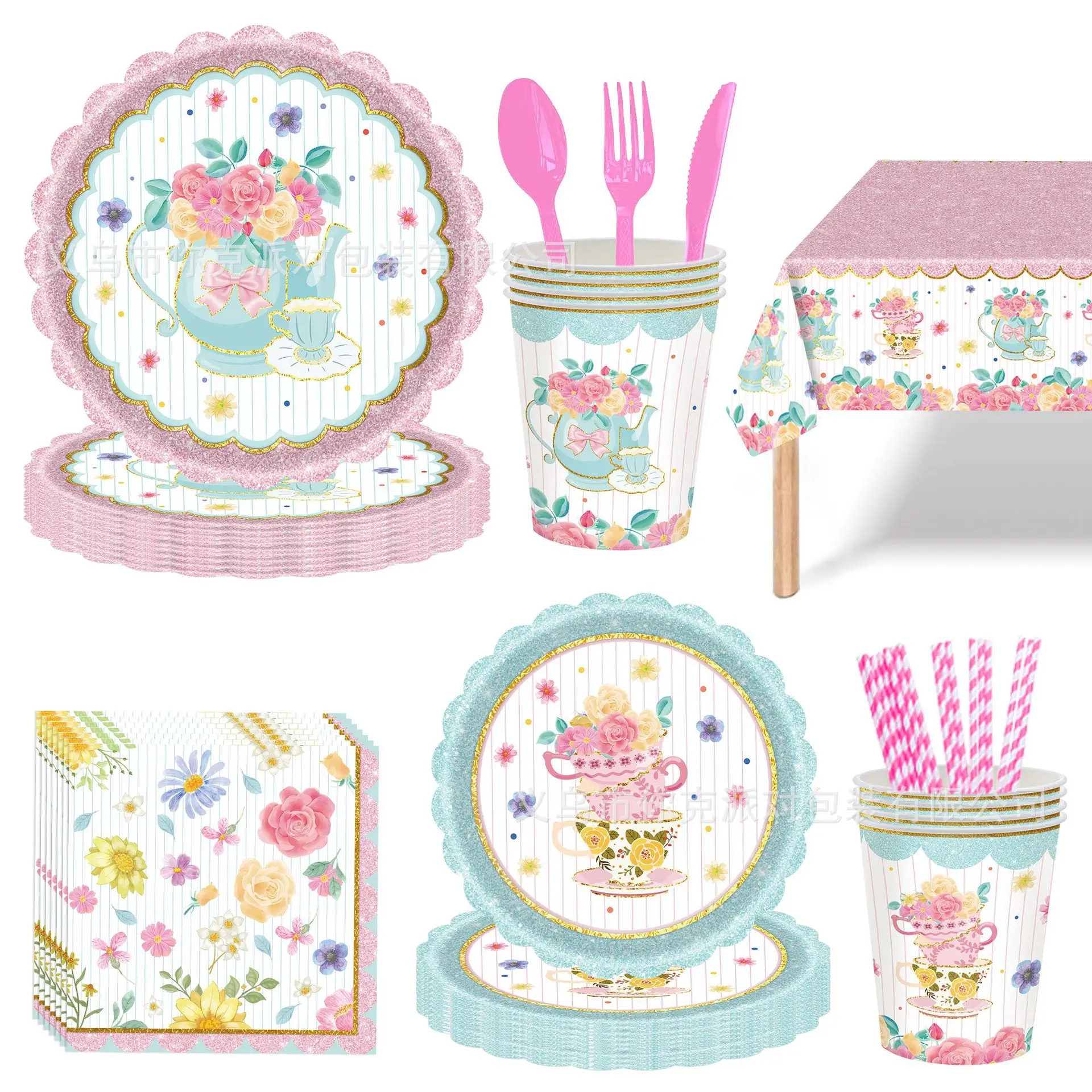 Cartoon Girls Tea Party Disposable Tableware Sets Birthday Cupcake Teapot Tea Time Cups Paper Napkins Baby Shower Party Supplies