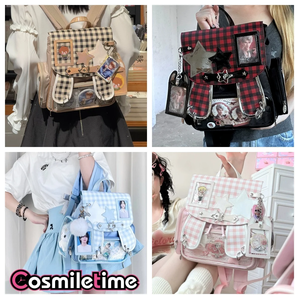 Kawaii Blue Plaid Star Ita Backpack Clear Photo Window Idol Badge Pin Display Shoulder Bag Anime Collectible Photo Card Bag YZ