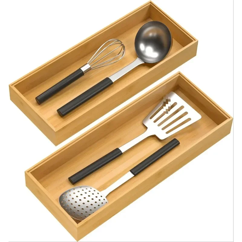 

Bamboo Drawer Organizer, Stackable Utensil Organizer for Kitchen, Bamboo Storage Box Wood Silverware Tray