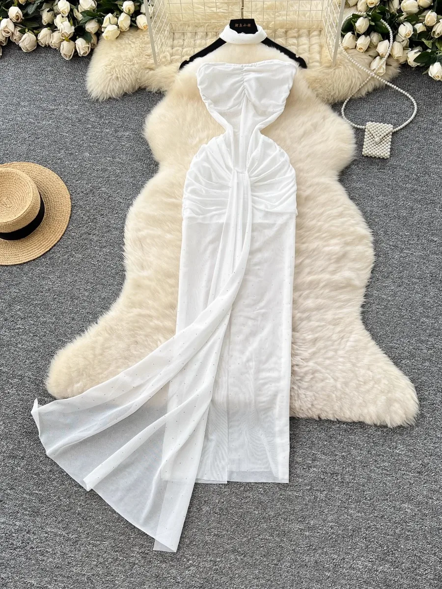 

Foamlina Chic Classy White Long Dress Women's Summer Fashion Hot Diamond Pleated Sleeveless Waist Tight Mesh Dress Skirt