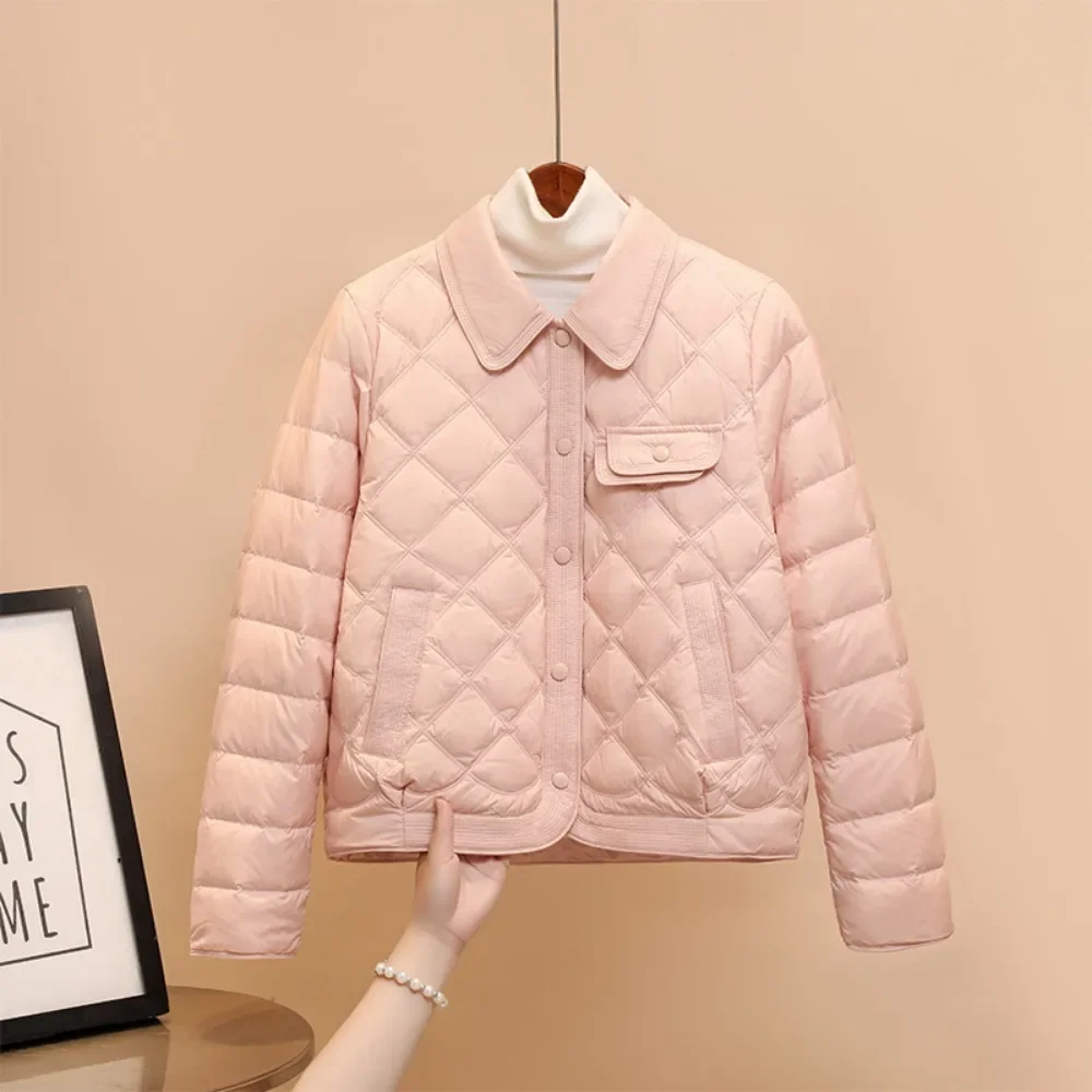 2024 New Winter Turn-down Collar Simple Casual Fashion Warm Down Coat Female Korean Office Lady White Duck Down Jacket Women