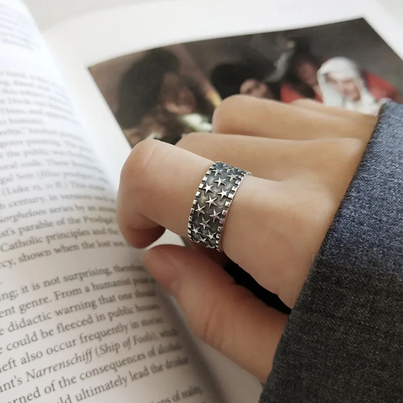 Foxanry Silver Color Star Pattern Cuff Rings For Women Couples Fashion Vintage Minimalist Hip Hop Handmade Party Jewelry Gifts