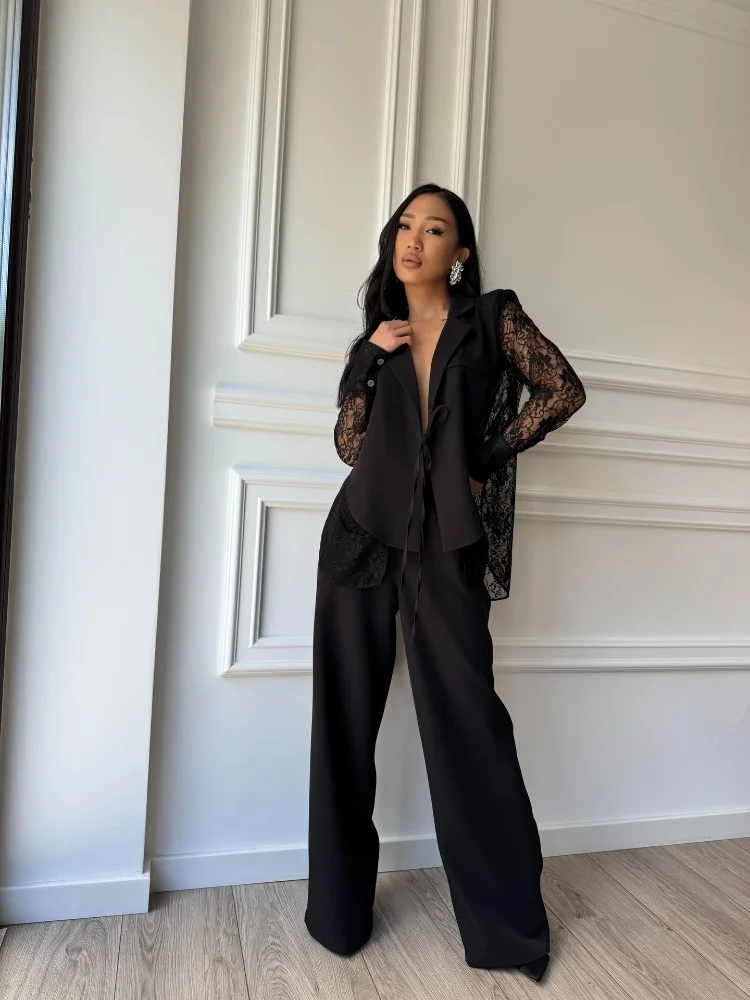 

2026 Women's Matching Sets Trendy Hollow Out Back Tie Up Shirt Top Solid Pants Set Ladies Stylish Daily Wear Two Piece Outfit