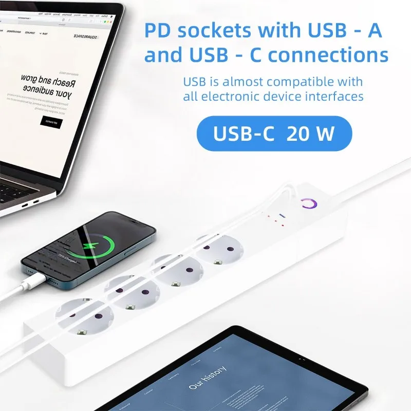 ABRW-Voice Controlled 20W European Power Strip Fast Charging Function With Timer, Wifi-Tuya App Support-EU Plug Included