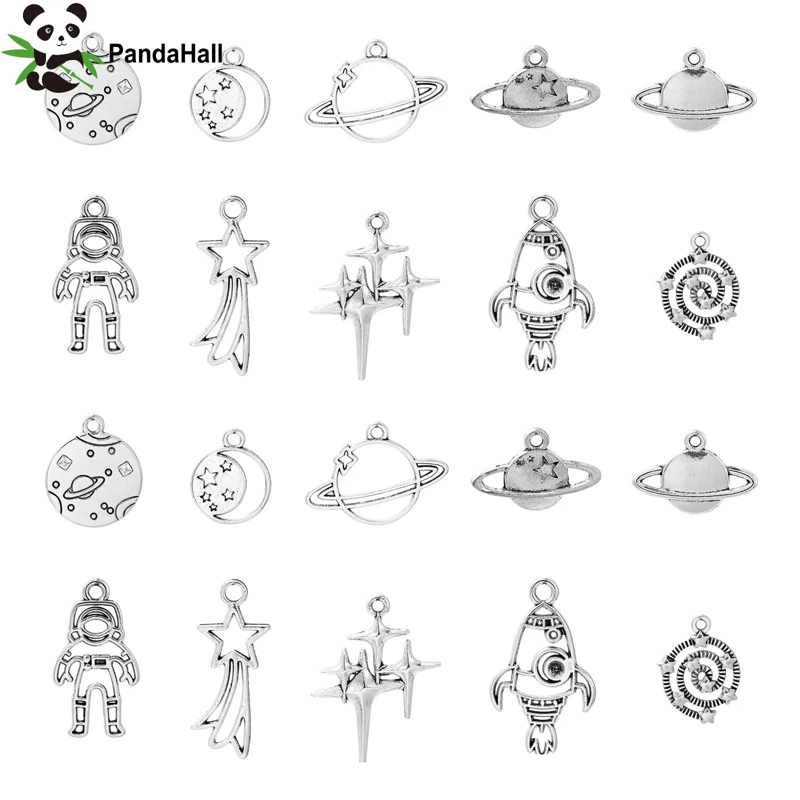 PandaHall 50pcs Tibetn Planet Charms Mixed Styles Star Astronaut Rocket Charms Space Universe Charms for Jewelry Making