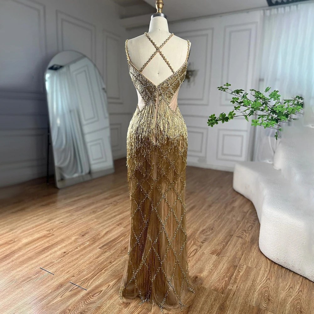 Gold Crystals Sexy Evening Dress Criss Cross Backless Long Prom Dresses Sheath Party Gown For Women Modern Design Formal Gown