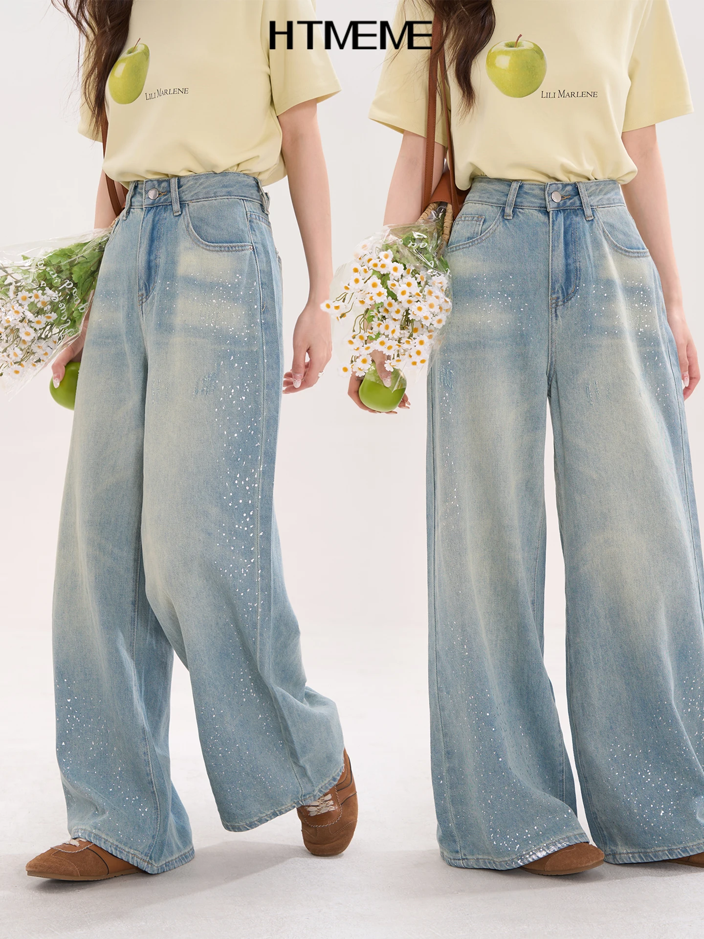 

iny Sequin Mustache Pattern Straight Leg Jeans Women's Spring Summer Versatile High Waist Cotton Blend Denim Pants